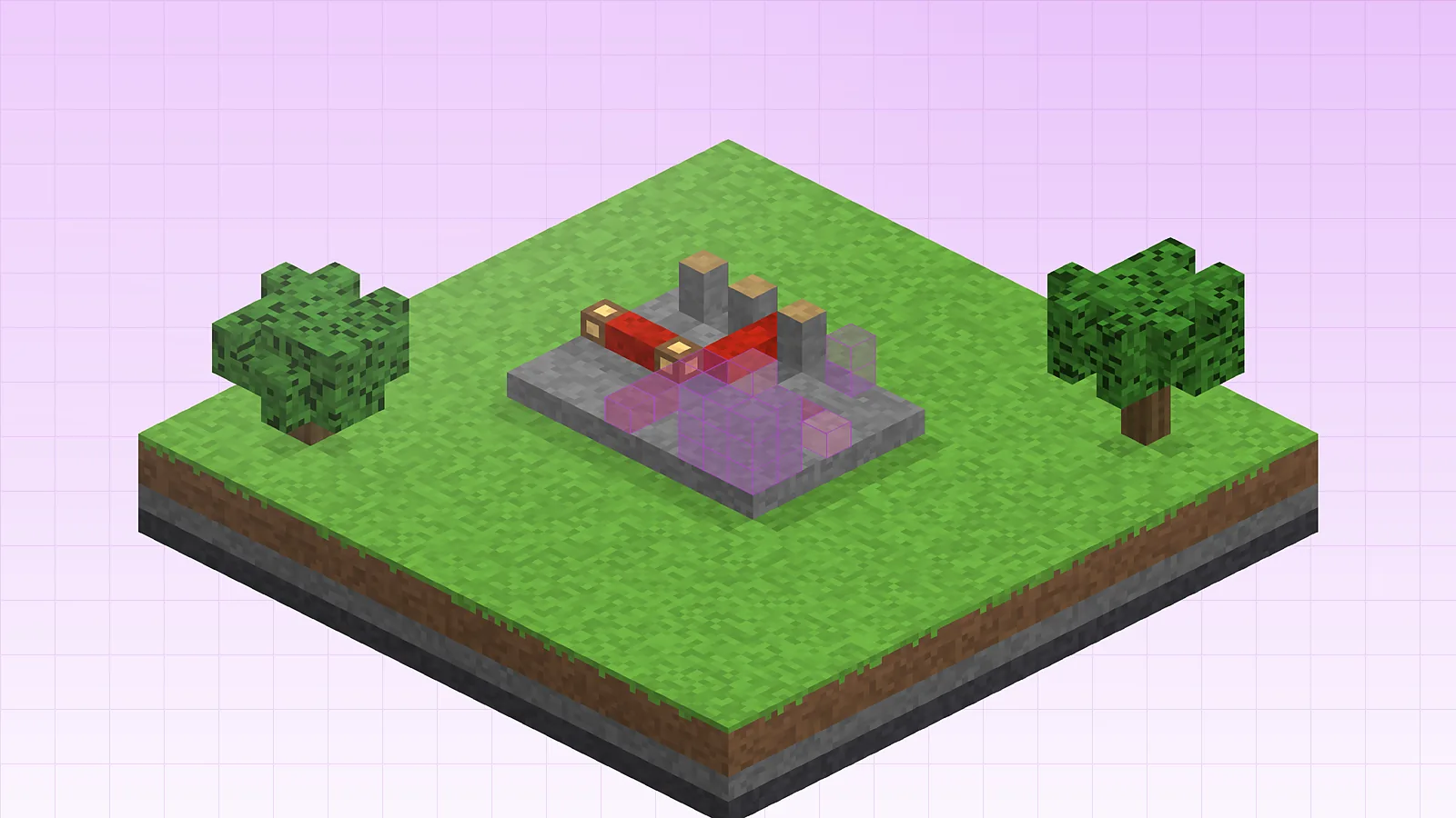 Redstone machine schematic partly placed on a lavender grid to illustrate file conversion