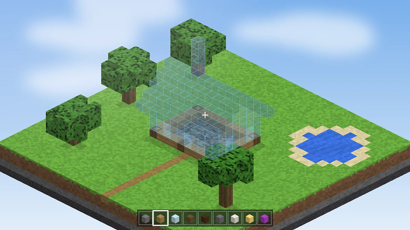 Cabin schematic being built layer by layer in survival with the hotbar ready for Easy Place