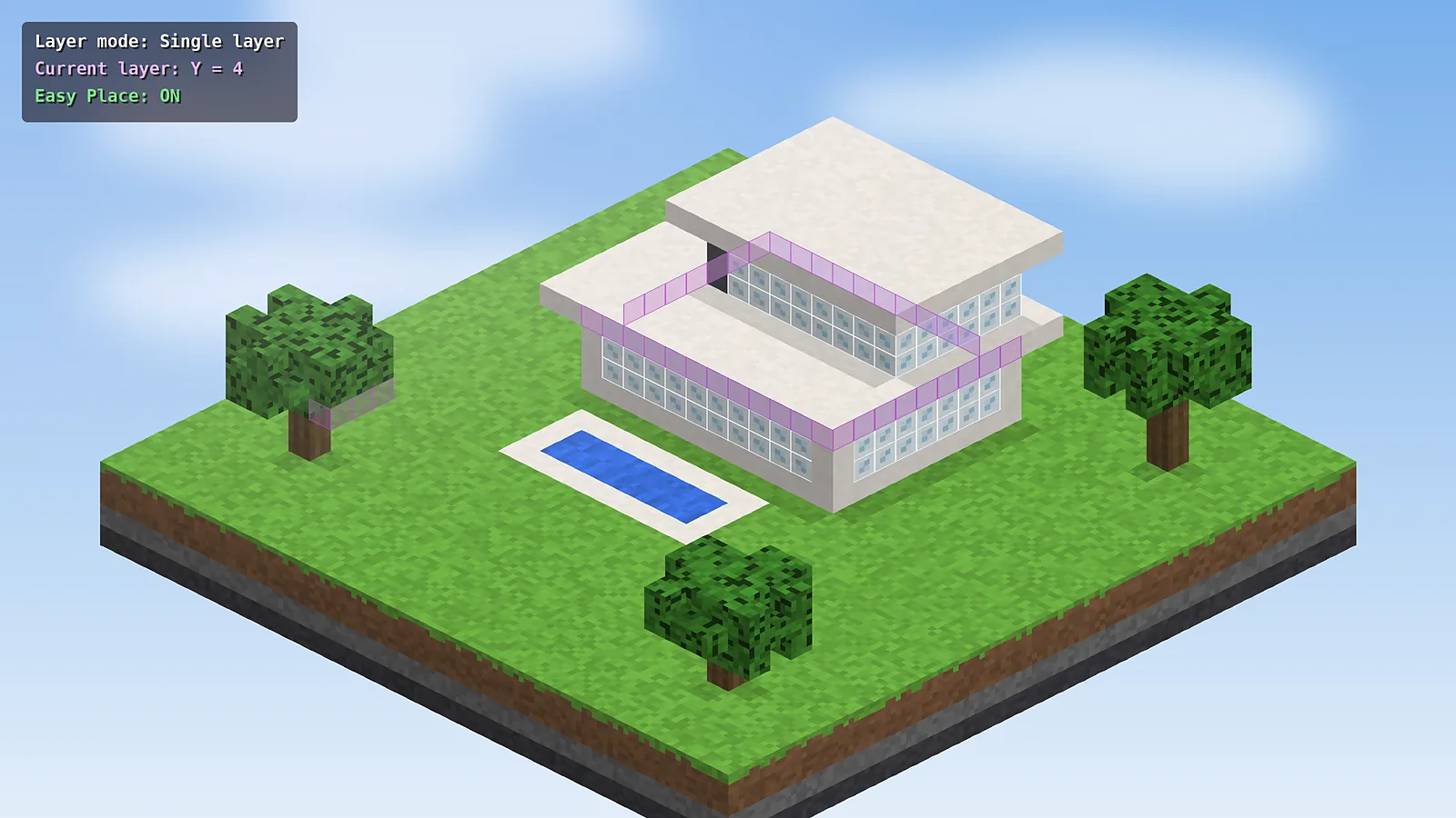 Single layer render mode highlighting one layer of a modern house schematic in Litematica