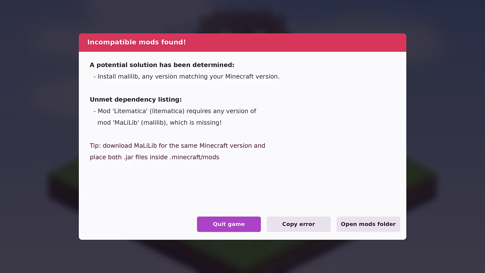 Fabric incompatible mods error asking to install MaLiLib for Schematic Mod