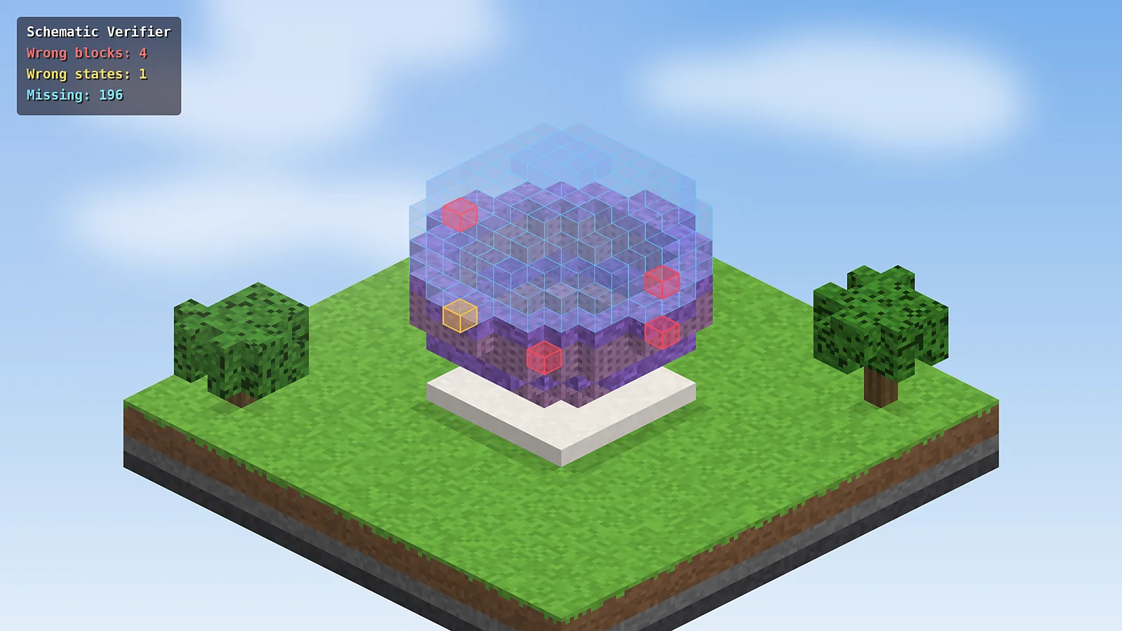 Schematic verifier highlighting wrong blocks in red on a Minecraft sphere build