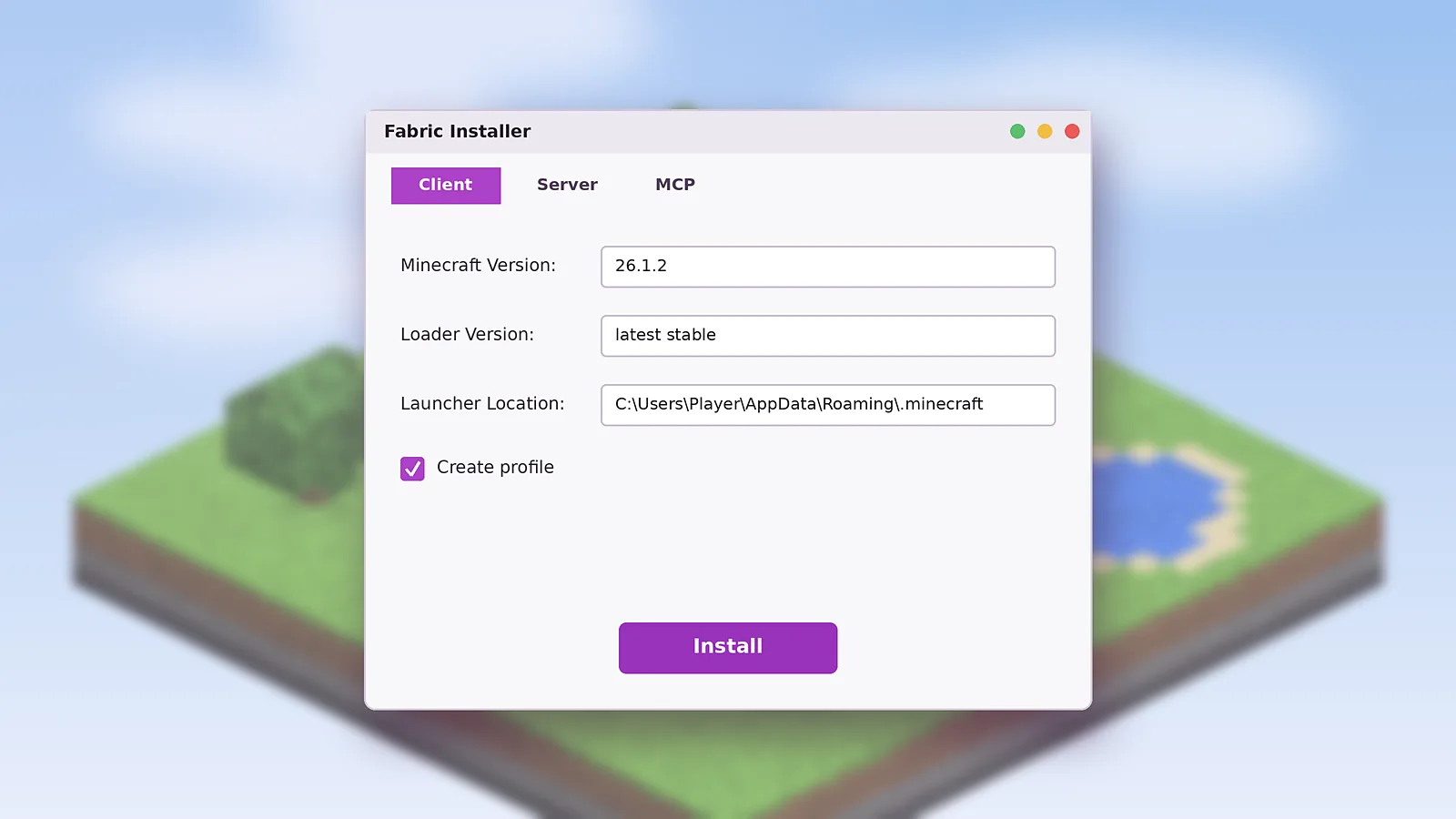 Fabric Installer window with Minecraft 26.1.2 selected for installing Schematic Mod