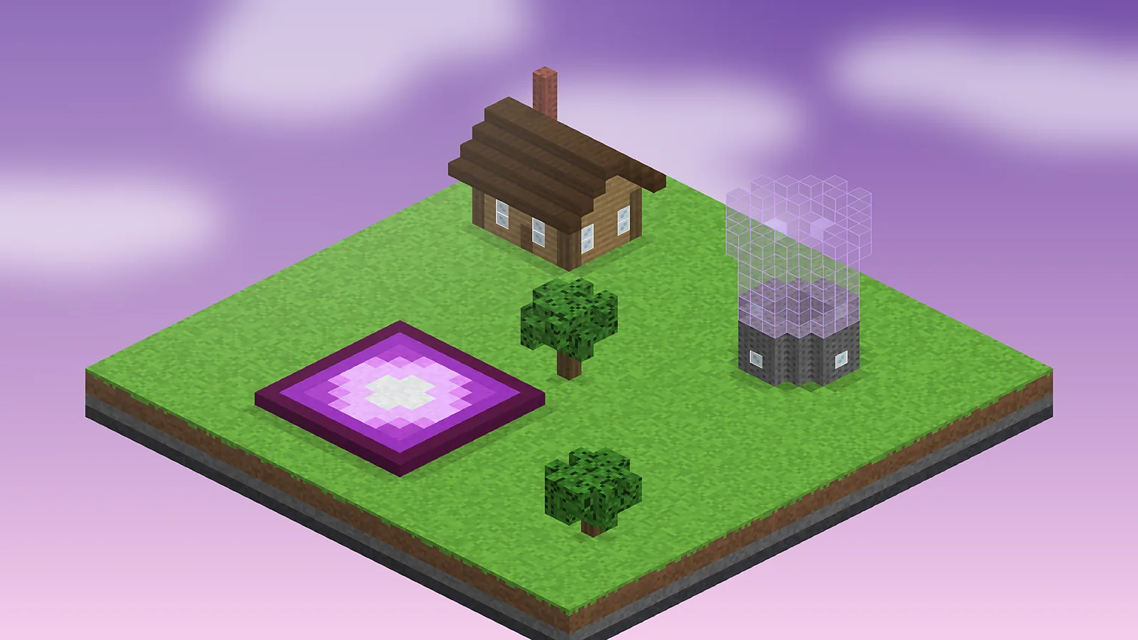 Three Minecraft builds placed as schematics to compare Litematica and Schematica