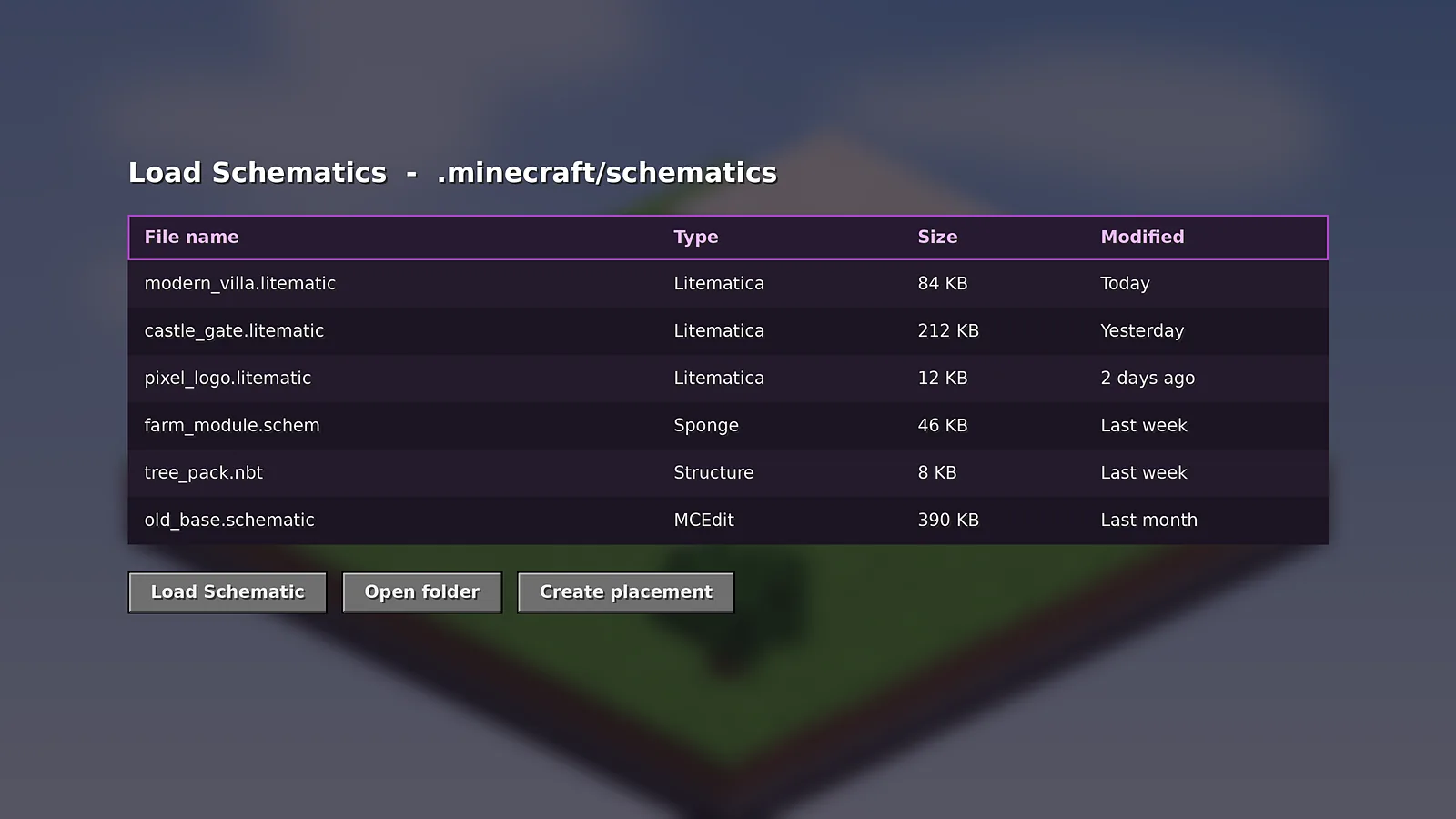 Litematica Load Schematics screen listing litematic, schem, nbt and schematic files