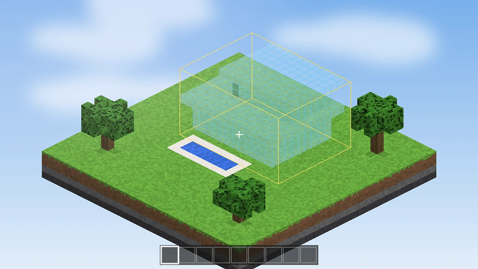 Modern villa schematic loaded as a hologram inside a yellow placement box in Minecraft