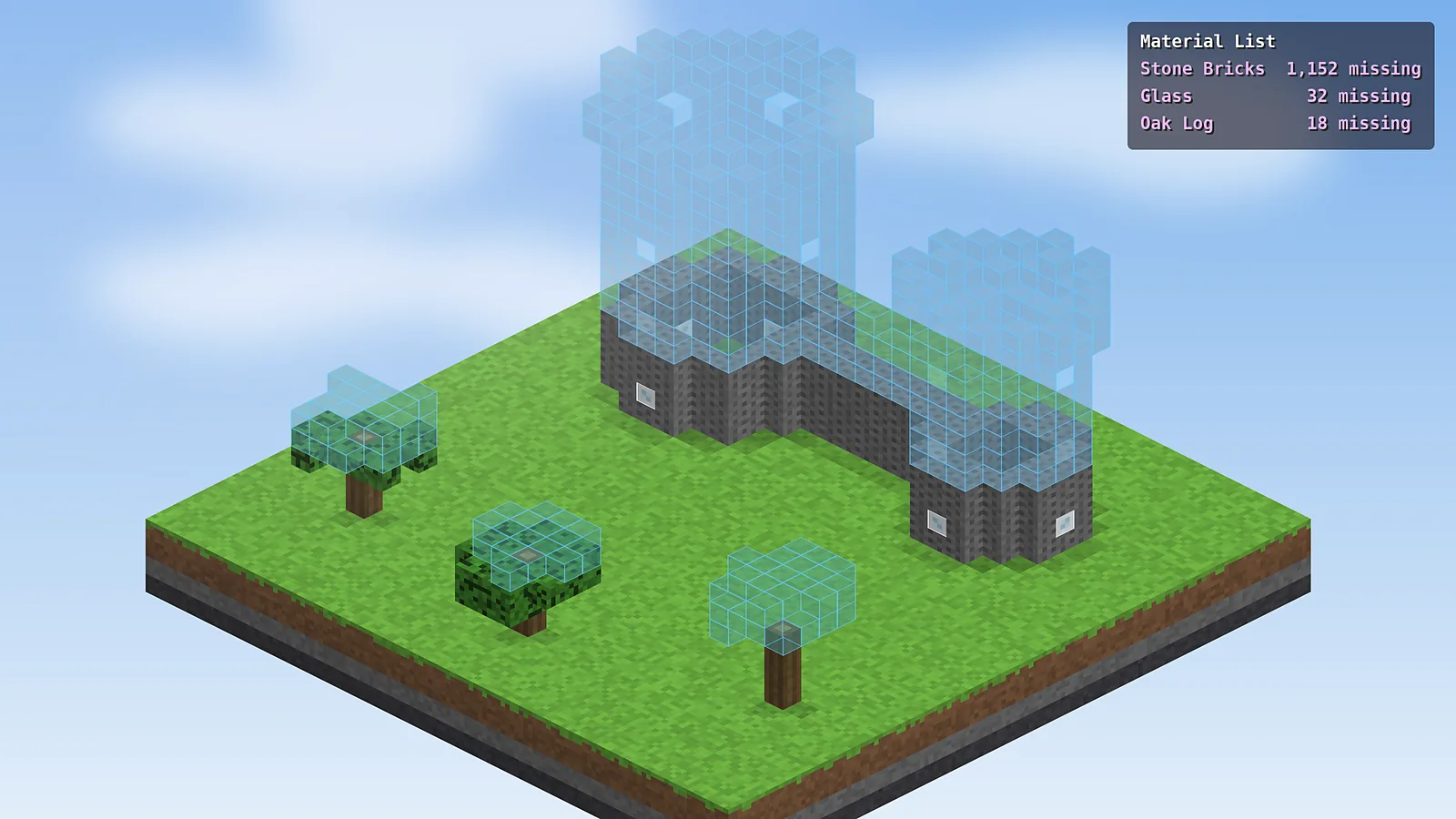 Castle schematic under construction with the Litematica material list shown on screen