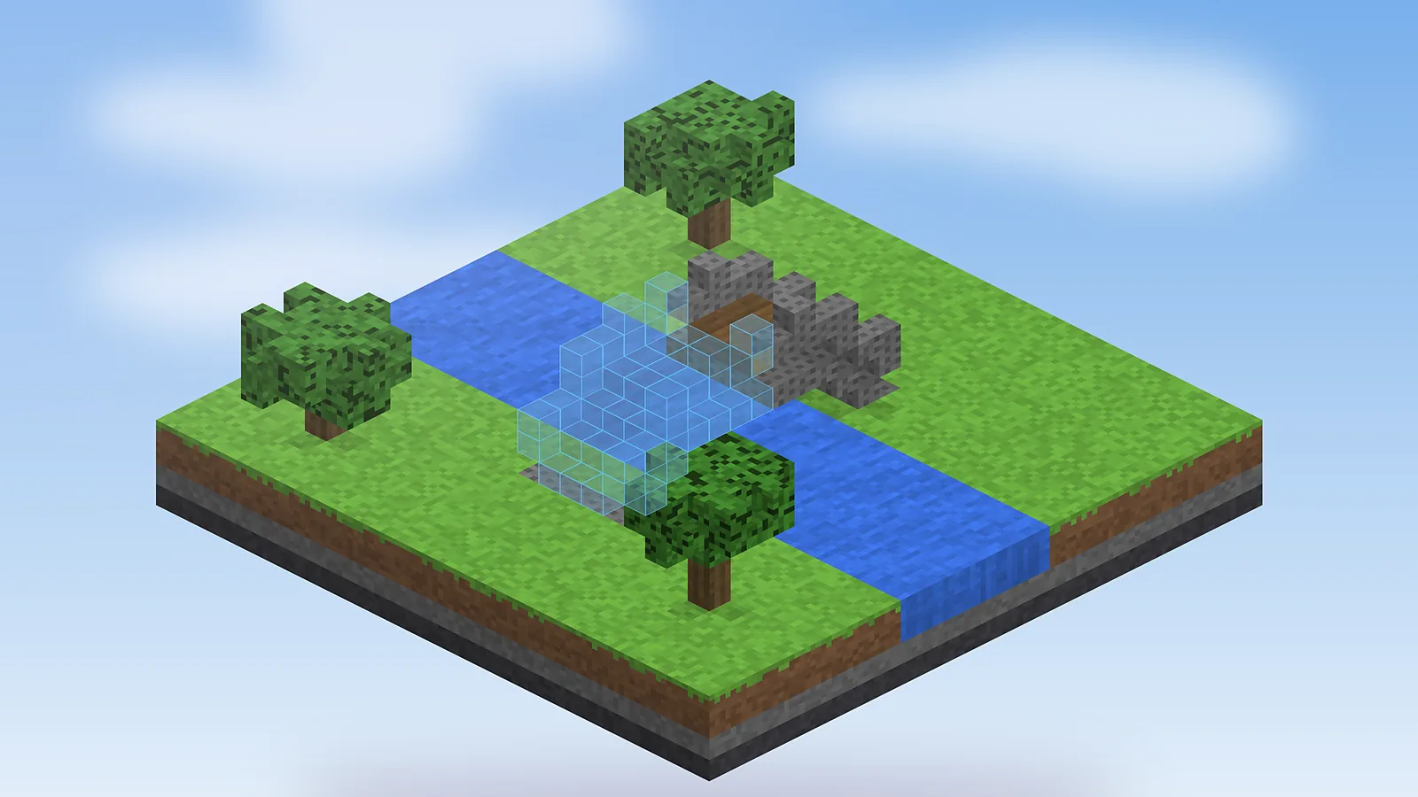 One sub-region of a stone bridge placed as a hologram over a river.