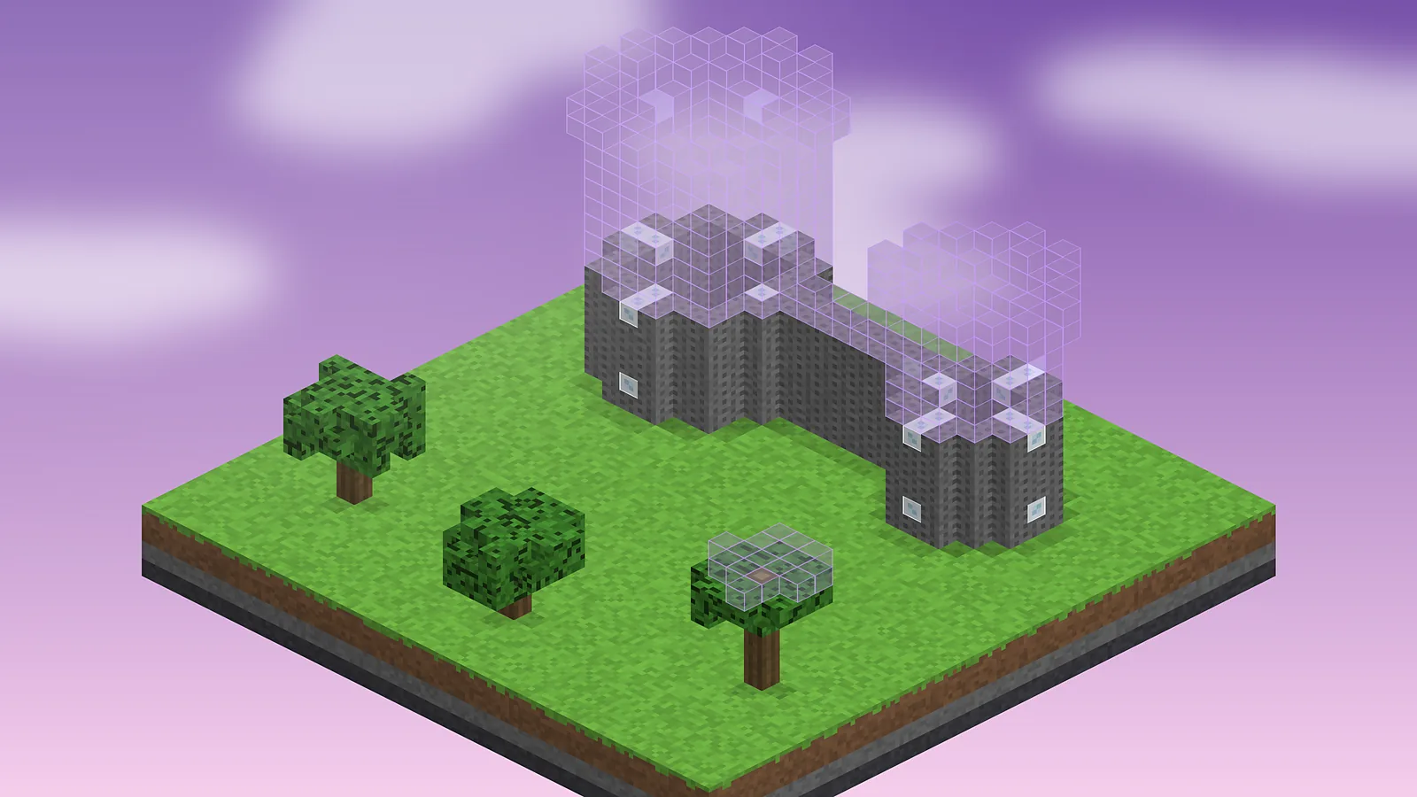 Upper castle walls and towers rendered as ghost blocks during a dusk build.