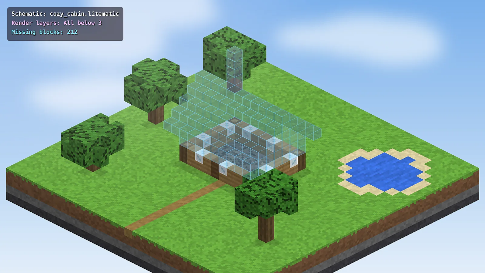 A cabin schematic with the lower layers built and the rest still shown as a hologram.