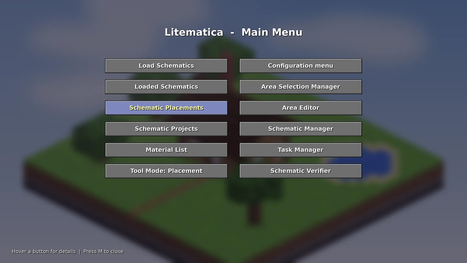The main menu that opens with the M key, listing every tool in the mod.