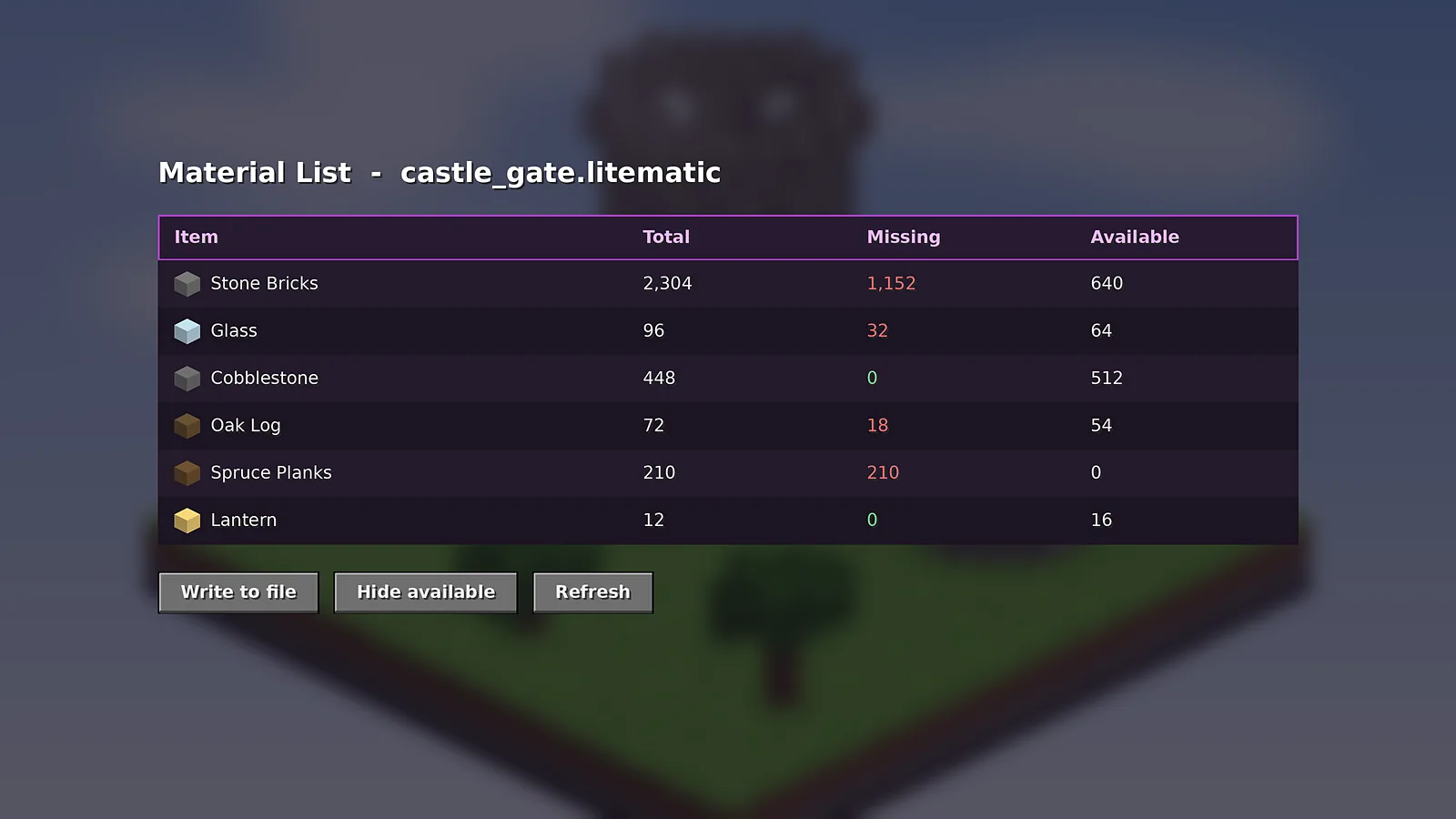 The material list showing total, missing and available blocks for a castle gate.