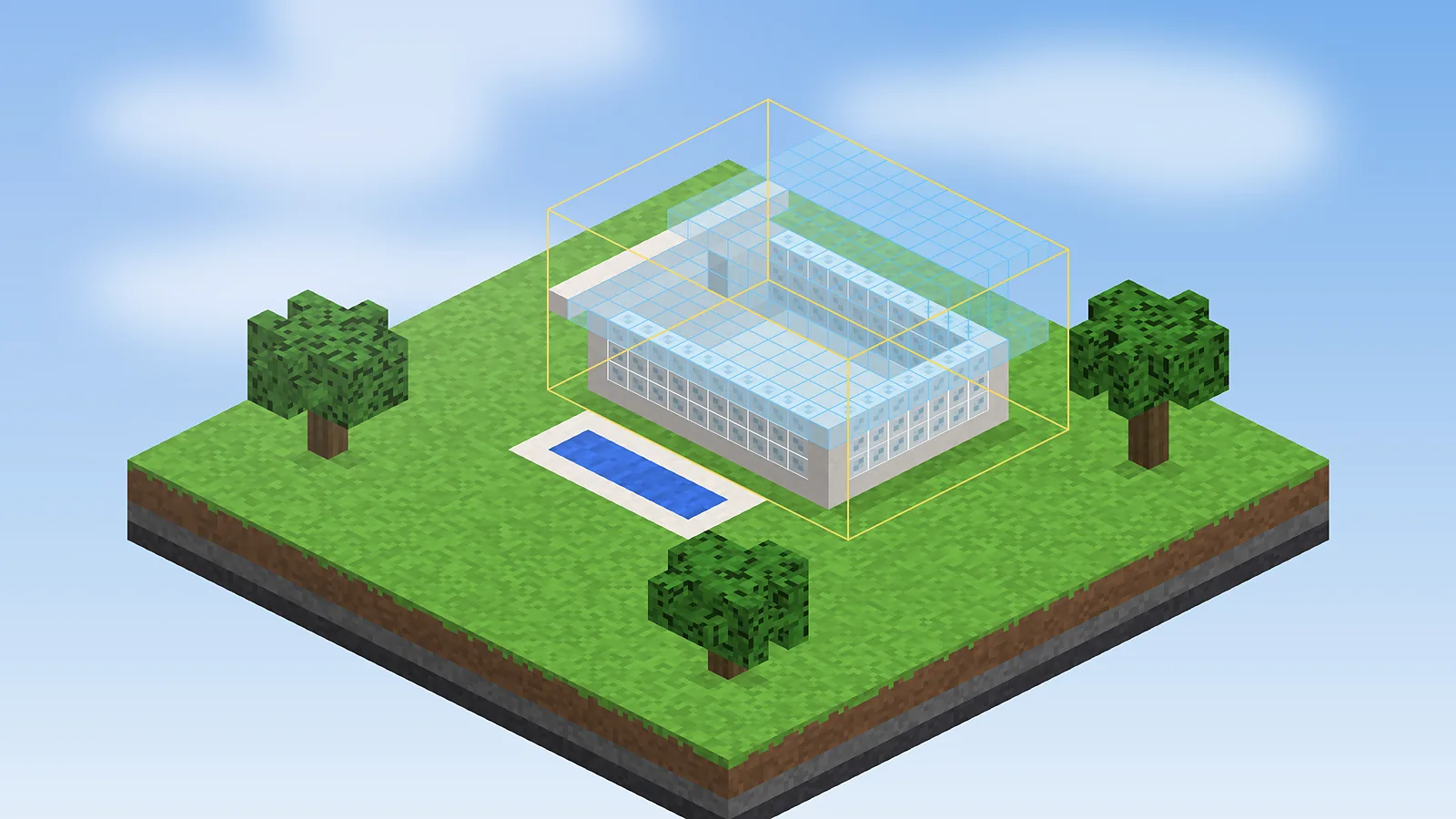 A modern villa placement framed by its yellow bounding box before building.