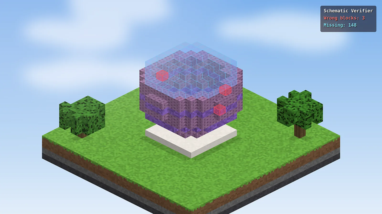 The verifier marking three wrong blocks in red on a spherical build.